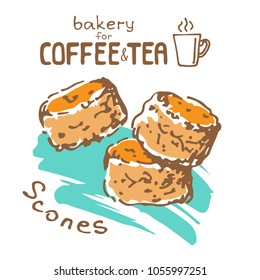 Doodle hand drawn sketch isolated on white background. Fresh bakery for coffee or tea: scones. Design elements for cafe menu, fliers and chalkboards.