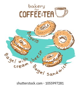 Doodle hand drawn sketch isolated on white background. Fresh bakery for coffee or tea: bagels. Design elements for cafe menu, fliers and chalkboards.