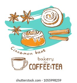 Doodle hand drawn sketch isolated on white background. Fresh bakery for coffee or tea: cinnamon buns. Design elements for cafe menu, fliers and chalkboards.