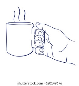 doodle hand drawn sketch mug with hot tea in hand