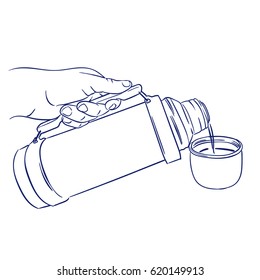 doodle hand drawn sketch pours coffee from thermos
