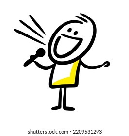 Doodle hand drawn sketch of singing man with microphone. Vector stickman illustration.