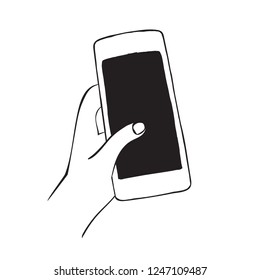 Doodle hand drawn sketch of hand using or holding smart mobile phone isolated. Vector illustration