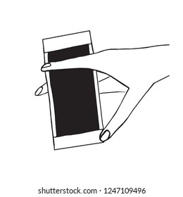 Doodle hand drawn sketch of hand using or holding smart mobile phone isolated. Vector illustration