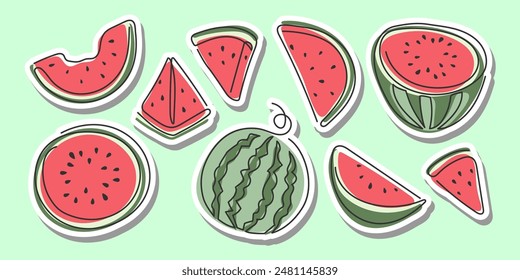 Doodle hand drawn slice watermelon sticker pack. Ingredient fruit berry for cocktail lemonade. Healthy natural organic diet refreshment summer food