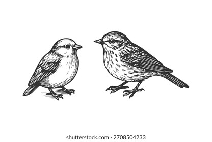 Doodle dibujado a mano boceto de pájaros Pequeños. Conjunto de ilustración de grabado Sparrow. 