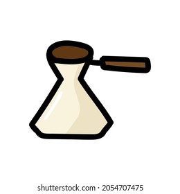Pequeña olla oriental de café dibujada a mano. tazón de jazz beige con mango marrón. Ilustración del vector aislada en fondo blanco
