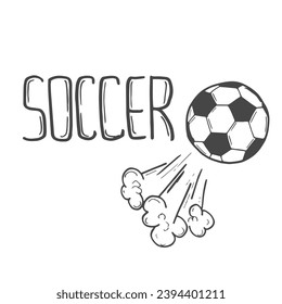 doodle hand drawn Soccer word and flying ball sketch