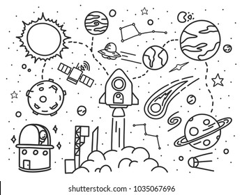 Doodle hand drawn space exploration. vector illustration.