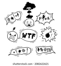 Doodle hand drawn speech bubble with swear words symbols. Comic speech bubble with curses, skull, bones, lightning. Angry screaming face emoji. Vector illustration isolated on white.