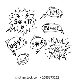 Doodle hand drawn speech bubble with swear words symbols.  Comic speech bubble with curses, skull, bones, lightning. Angry smile face emoji. Vector illustration isolated on white.