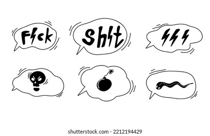 Doodle hand drawn speech bubble with swear words symbols. Comic speech bubble with curses. Angry emoji set. Vector illustration isolated on white background.