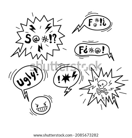 Doodle hand drawn speech bubble with swear words symbols.  Comic speech bubble with curses, skull, bones, lightning. Angry smile face emoji. Vector illustration isolated on white.