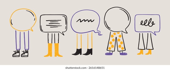 doodle hand drawn speech bubbles with legs. dialogue, advertising, message, meeting concept cartoon style. cute characters with speech bubbles. . Vector illustration