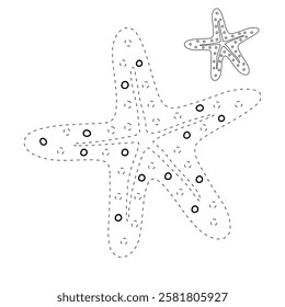 Doodle hand drawn Starfish vector illustration. Starfish coloring page printable. Trace and color Starfish for summer worksheets. Cartoon starfish vector. Summer worksheets activity for kids.