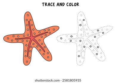 Doodle hand drawn Starfish vector illustration. Starfish coloring page printable. Trace and color Starfish for summer worksheets. Cartoon starfish vector. Summer worksheets activity for kids.