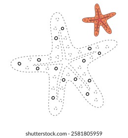 Doodle hand drawn Starfish vector illustration. Starfish coloring page printable. Trace and color Starfish for summer worksheets. Cartoon starfish vector. Summer worksheets activity for kids.