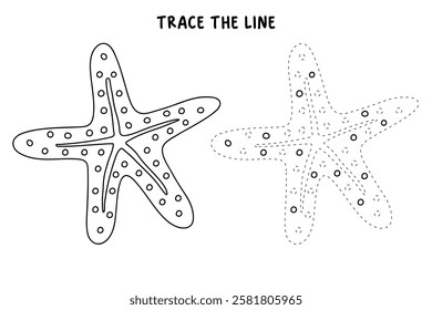 Doodle hand drawn Starfish vector illustration. Starfish coloring page printable. Trace and color Starfish for summer worksheets. Cartoon starfish vector. Summer worksheets activity for kids.