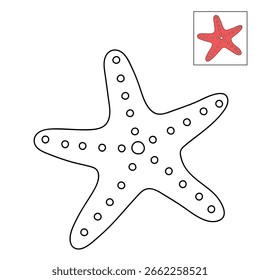 Doodle handgezeichnete Starfish Vektorgrafik. Starfish Malvorlage druckbar für Kinder. Trace und Farbe Starfish für Sommer-Arbeitsblätter. Sternenfisch-Comic-Vektorgrafik.
