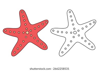 Doodle handgezeichnete Starfish Vektorgrafik. Starfish Malvorlage druckbar für Kinder. Trace und Farbe Starfish für Sommer-Arbeitsblätter. Sternenfisch-Comic-Vektorgrafik.