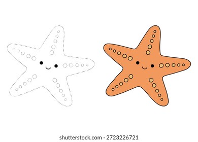 Doodle handgezeichnete Starfish Vektorgrafik. Starfish Malvorlage druckbar für Kinder. Trace und Farbe Starfish für Sommer-Arbeitsblätter. Sternenfisch-Comic-Vektorgrafik.
