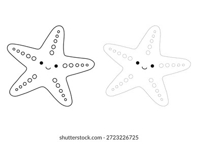 Doodle handgezeichnete Starfish Vektorgrafik. Starfish Malvorlage druckbar für Kinder. Trace und Farbe Starfish für Sommer-Arbeitsblätter. Sternenfisch-Comic-Vektorgrafik.