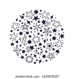 Doodle hand drawn stars rounded pattern. Line art star vector background, black stars modern pattern