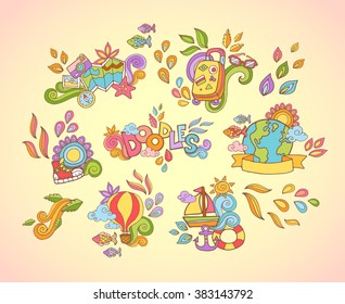 Doodle hand drawn sticker with travel and summer adventures items in colorful style isolated 