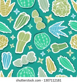 Doodle hand drawn stickers cutout style colorful succulents and cacti silhouettes on mint green background. Vector seamless repeat pattern. Great for fabric, paper and backdrops.