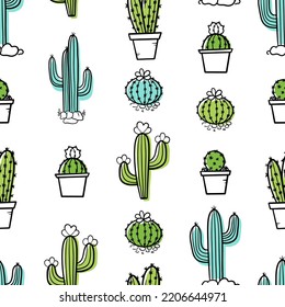 Doodle, hand drawn style cactus, cacti, succulents vector seamless pattern background.