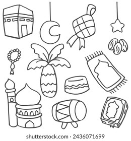 Doodle Hand Drawn Style Islamic Illustration Set.