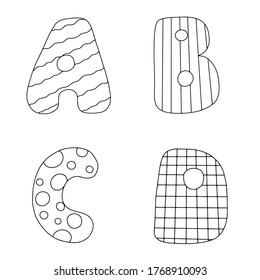 Doodle hand drawn style outline black and white letters of English alphabet, cute funny decorative lettering