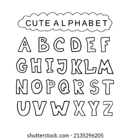 Doodle hand drawn style outline colorful letters of English alphabet, cute funny decorative font, lettering. Outline
