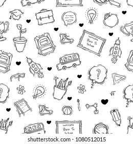 doodle or hand drawn style of school icons seamless pattern