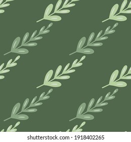 Doodle hand drawn style seamless pattern with simple branches ornament. Green olive background. Perfect for fabric design, textile print, wrapping, cover. Vector illustration.