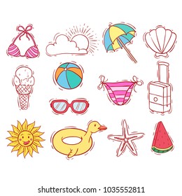 doodle or hand drawn of summer icons collection 