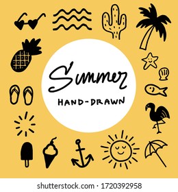 Doodle hand drawn of summer vector collections, black ink illustration isolated on yellow background, element set for stamp and stickers art ornament, summer vacation holiday concept