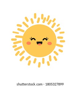 Sol dibujado a mano con cara feliz aislado en el vector de fondo blanco. Caricatura divertida.