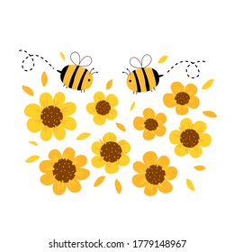 Doodle hand drawn sunflowers and cartoon flying bees isolated on white background vector illustration.