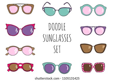 Doodle hand drawn sunglasses set. Vector summer illustration.
