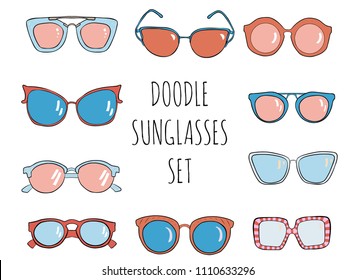 Doodle hand drawn sunglasses set. Vector summer illustration.