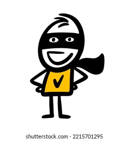 Doodle hand drawn super hero in black mask and cloak. Vector illustration of funny character.