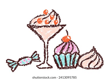 Doodle hand drawn sweet food set. Crayon, pencil or pastel chalk like kid`s style dessert, cocktail, candy, cake, muffin, ice cream. Vector funny cartoon flat simple art cafe tasty menu