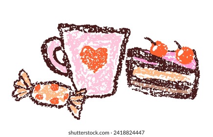 Doodle hand drawn sweet food with cappuccino, cocoa, coffee cup. Crayon, pencil pastel chalk like kid`s style dessert, chocolate cream cake, candy, pie. Vector funny cartoon flat simple art tasty cafe