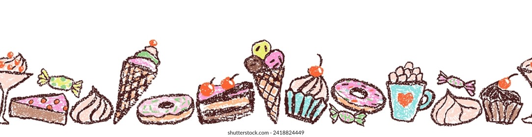 Doodle hand drawn sweet food seamless border, pattern frame. Crayon, pencil pastel chalk like kid`s style dessert cake, donut, cupcake, ice cream, cocktail. Vector funny cartoon flat simple art cafe