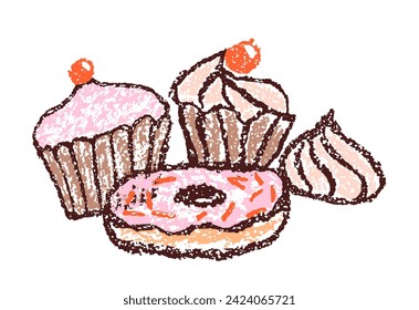 Doodle hand drawn sweet food set. Crayon, pencil or pastel chalk like kid`s style dessert, donut, cupcake, muffin, cake, cream, cream. Vector funny cartoon flat simple art cafe tasty menu