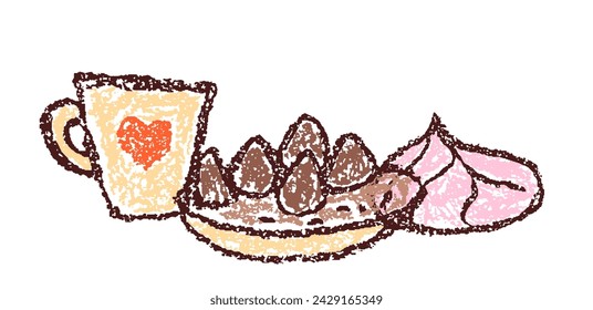 Doodle hand drawn sweet food with a cup of coffee. Crayon, pencil or pastel chalk like kid`s style dessert, chocolate truffle, marshmallow, candy. Vector funny cartoon flat simple art cafe tasty menu