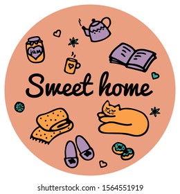 Doodle hand drawn symbols. Cozy vibes. Sweet home phrase