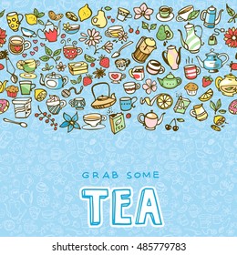 doodle hand drawn tea icons, vector illustration