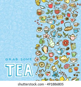 doodle hand drawn tea icons, vector illustration